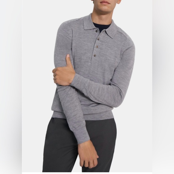 Theory Men’s Wool Blend Long-Sleeve‎ Polo Sweater in Light Gray - Large - Picture 9 of 10